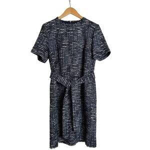 J. Peterman Metallic Tweed Dress Blue Black Frayed Hem Belted Short Sleeve Sz 12